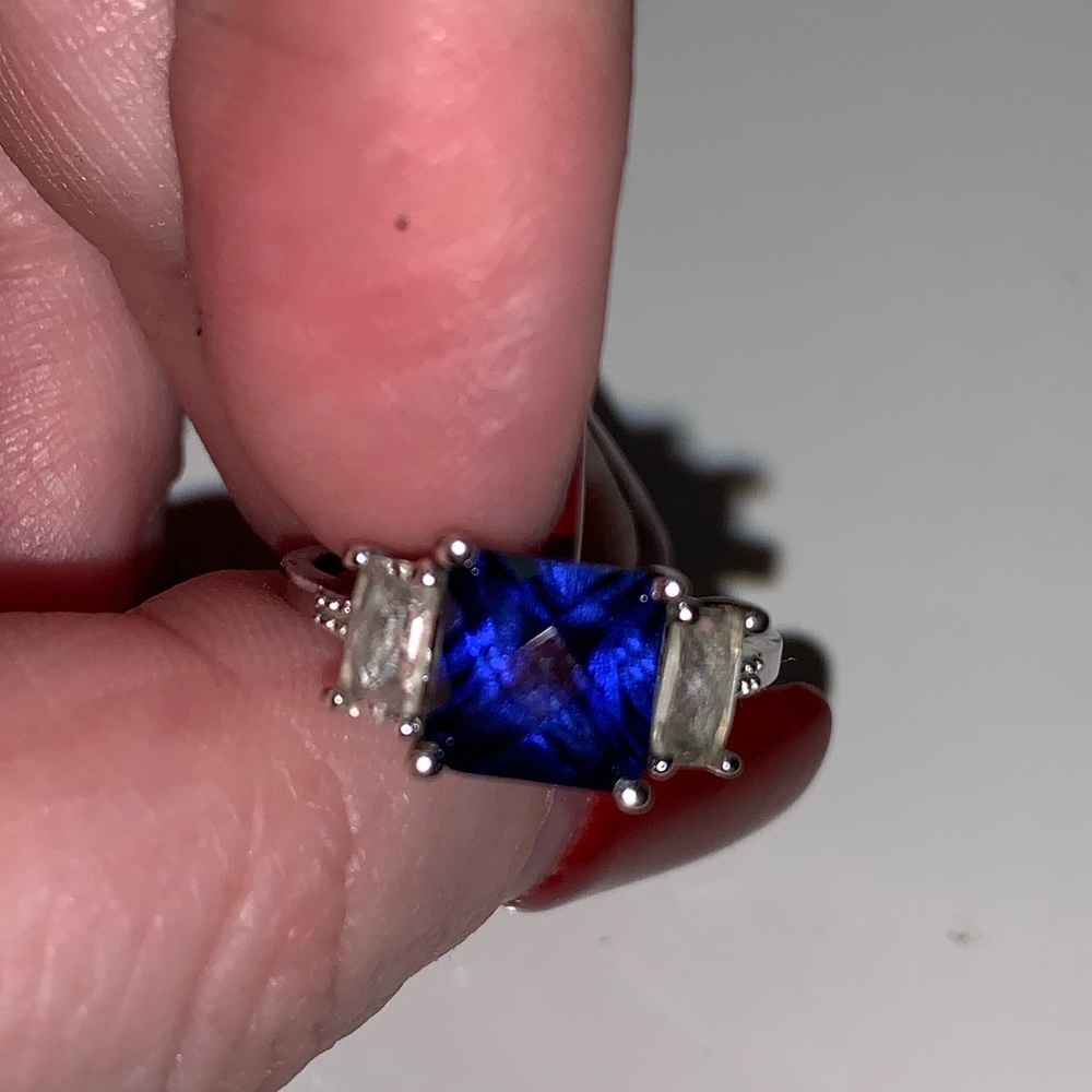 Blue and white created sapphire ring